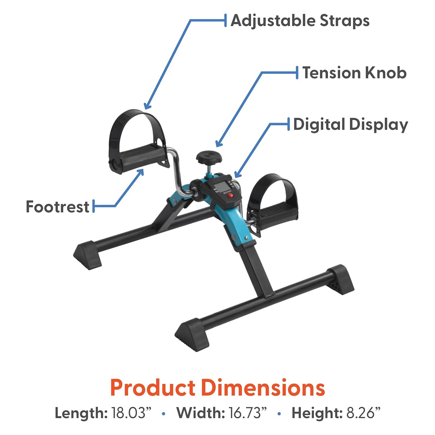The Journey Exercise Peddler is a portable pedal exerciser featuring adjustable straps, a tension knob, digital display, and footrest. Its compact size (18.03 x 16.73 x 8.26) makes it ideal for low-impact workouts anywhere.