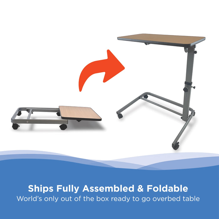 A foldable overbed table shown in two views on a white background with a blue banner at the bottom. The left view shows the table folded flat with an orange arrow pointing to the right view, which shows the table fully assembled with a gray metal frame, black caster wheels, and a light brown wood-grain top.