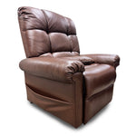 The Perfect Sleep Chair & Lift Chair is a large, brown leather power lift recliner with cushioned padded armrests, a high backrest, and features like therapeutic heat and massage functions, shown against a white background.
