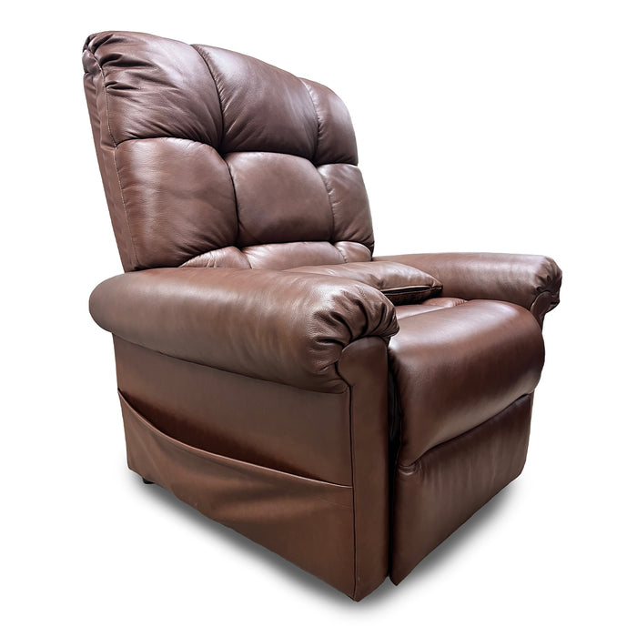 The Perfect Sleep Chair & Lift Chair is a plush brown leather power recliner with cushioned seat, backrest, and armrests, offering therapeutic heat and massage—displayed against a plain white background.