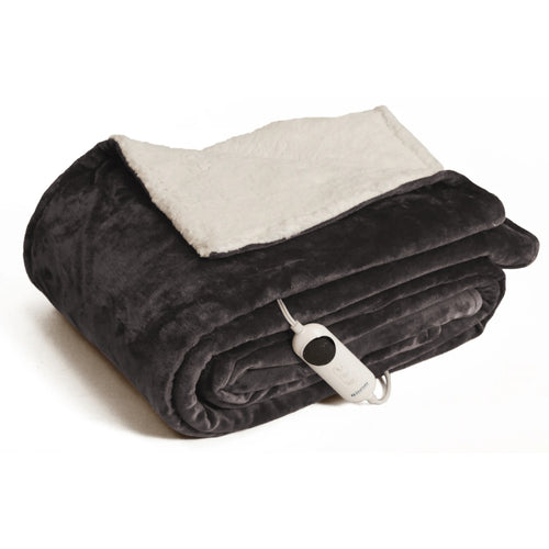 The Journey Companion Heating Blanket Gray features a plush dark gray exterior, soft white Sherpa fleece lining, an attached remote control, and is machine washable for easy care.