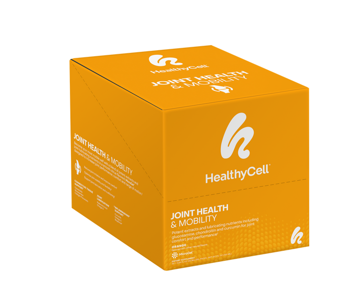 A bright orange box labeled Joint Health & Mobility features a white HealthyCell logo and text highlighting it as a MicroGel supplement and pill alternative for supporting joint function and mobility.