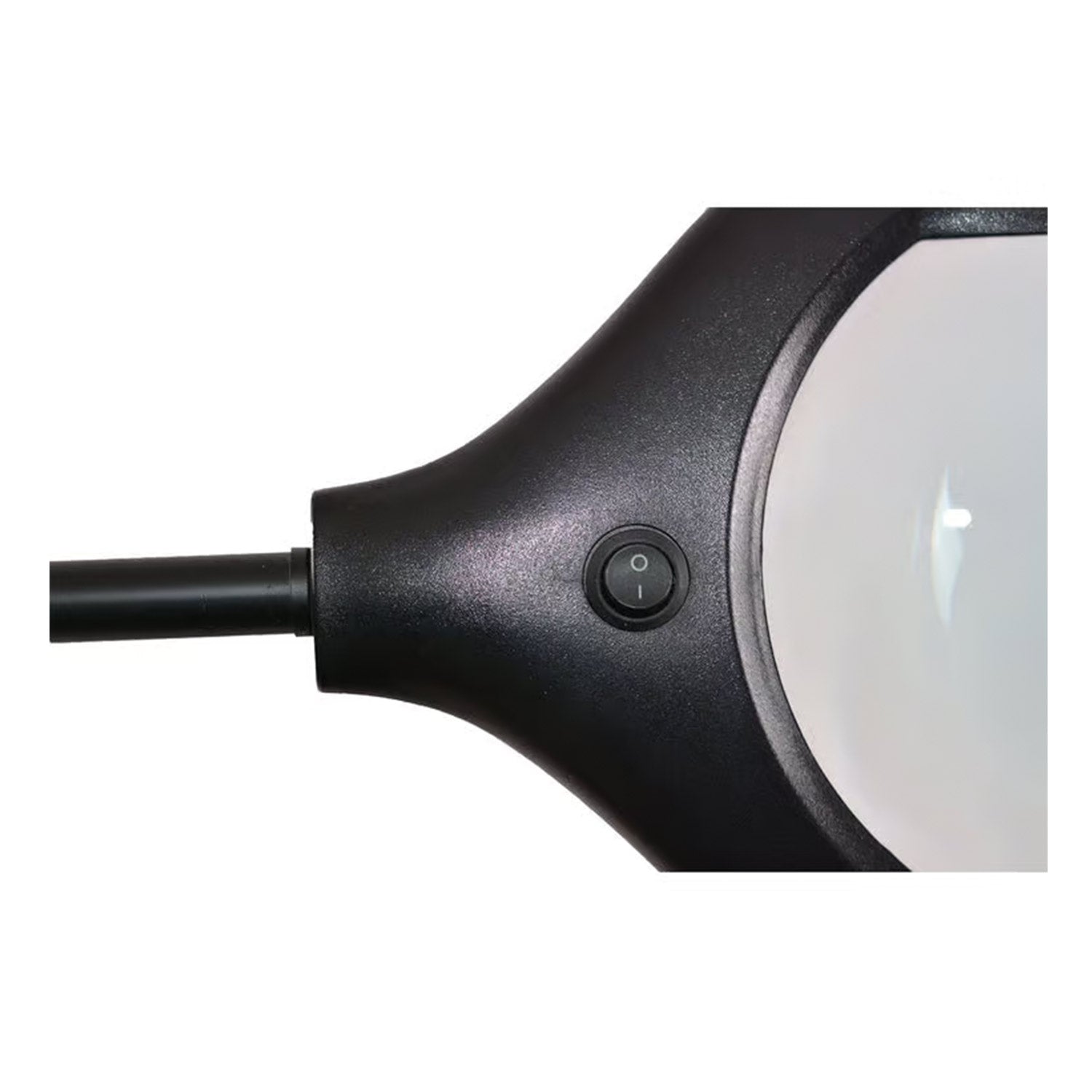 Close-up of the 5X Glass Floor Stand Magnifier With Light, featuring a black handle with a round on/off switch, lens and connecting rod visible—all set against a white background.