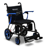 The Journey Air Elite Lightweight Folding Power Chair, in black and blue, features a joystick control on the armrest, footrests, padded seat and back, small front wheels, and larger rear wheels for smooth mobility.