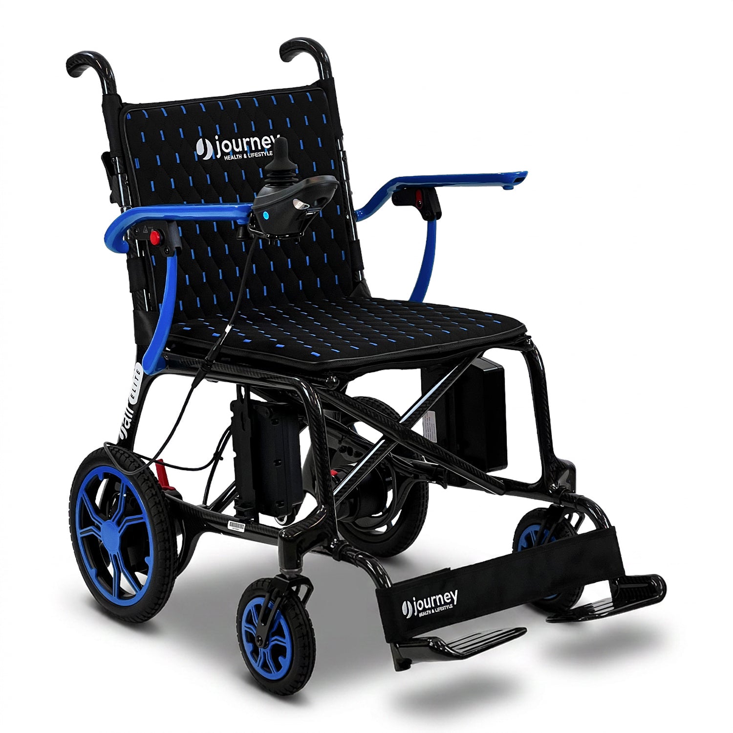 The Journey Air Elite Lightweight Folding Power Chair, in black and blue, features a joystick control on the armrest, footrests, padded seat and back, small front wheels, and larger rear wheels for smooth mobility.