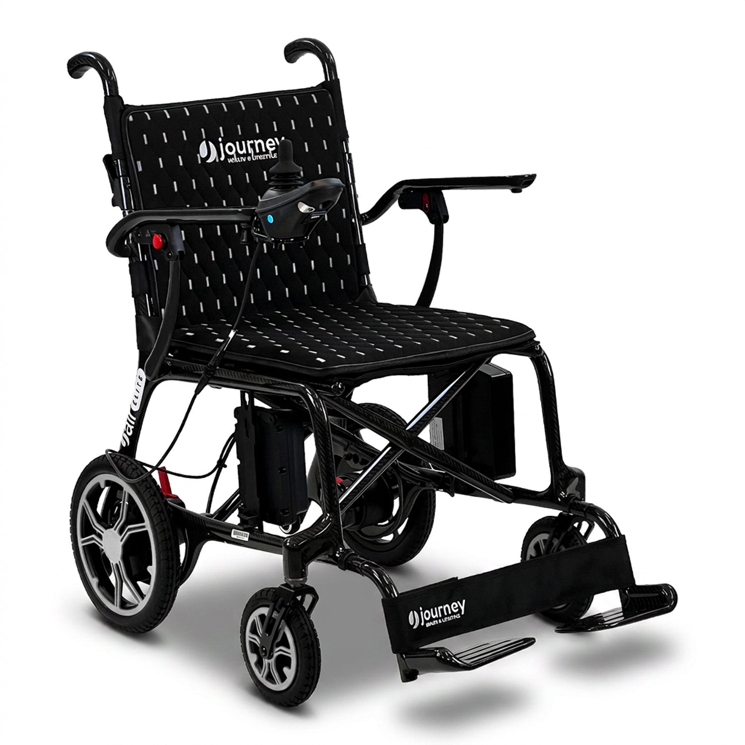 The Journey Air Elite Lightweight Folding Power Chair is black, lightweight, foldable, and features a joystick control, comfy seat, sturdy frame, large wheels, labeled Journey footrest, supportive armrests, and is ideal for mobility assistance and easy transport.