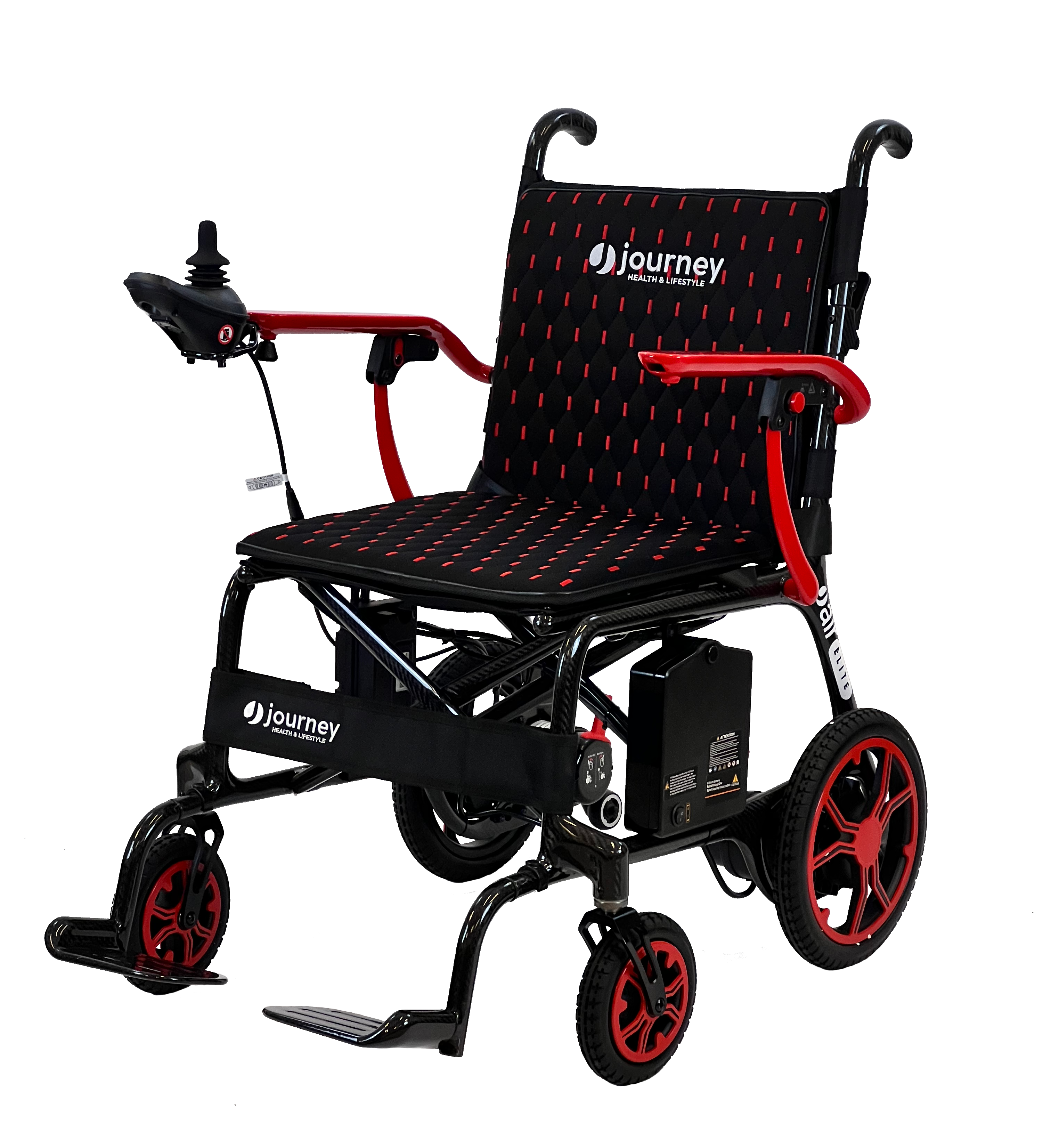 The Journey Air Elite Lightweight Folding Power Chair is a black and red compact wheelchair with joystick controls, cushioned seat and backrest, large rear wheels, small front wheels, footrests, and visible Journey branding.