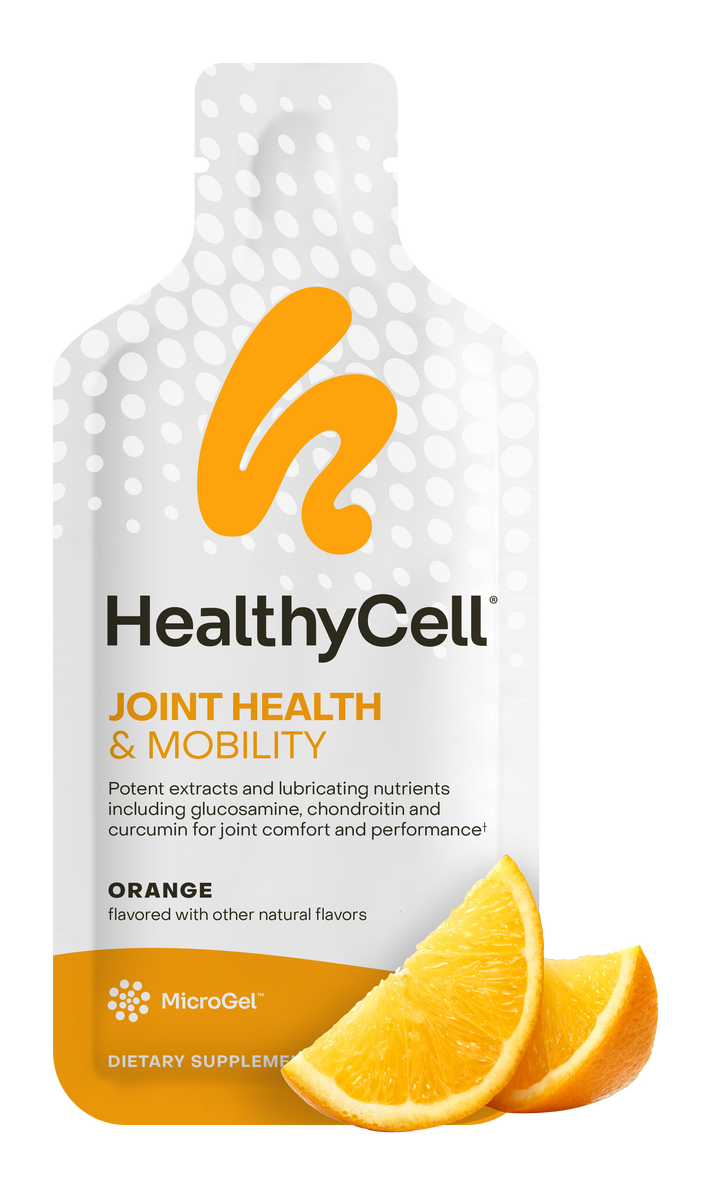 A white and orange Joint Health & Mobility Supplement pouch, featuring an orange flavor, offers pill-free joint support from HealthyCell MicroGel and is pictured with fresh orange slices in front.