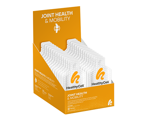 A display box of Joint Health & Mobility MicroGel features upright white single-serve packets with an orange logo in a branded orange and white box—a pill-free supplement supporting joint health.