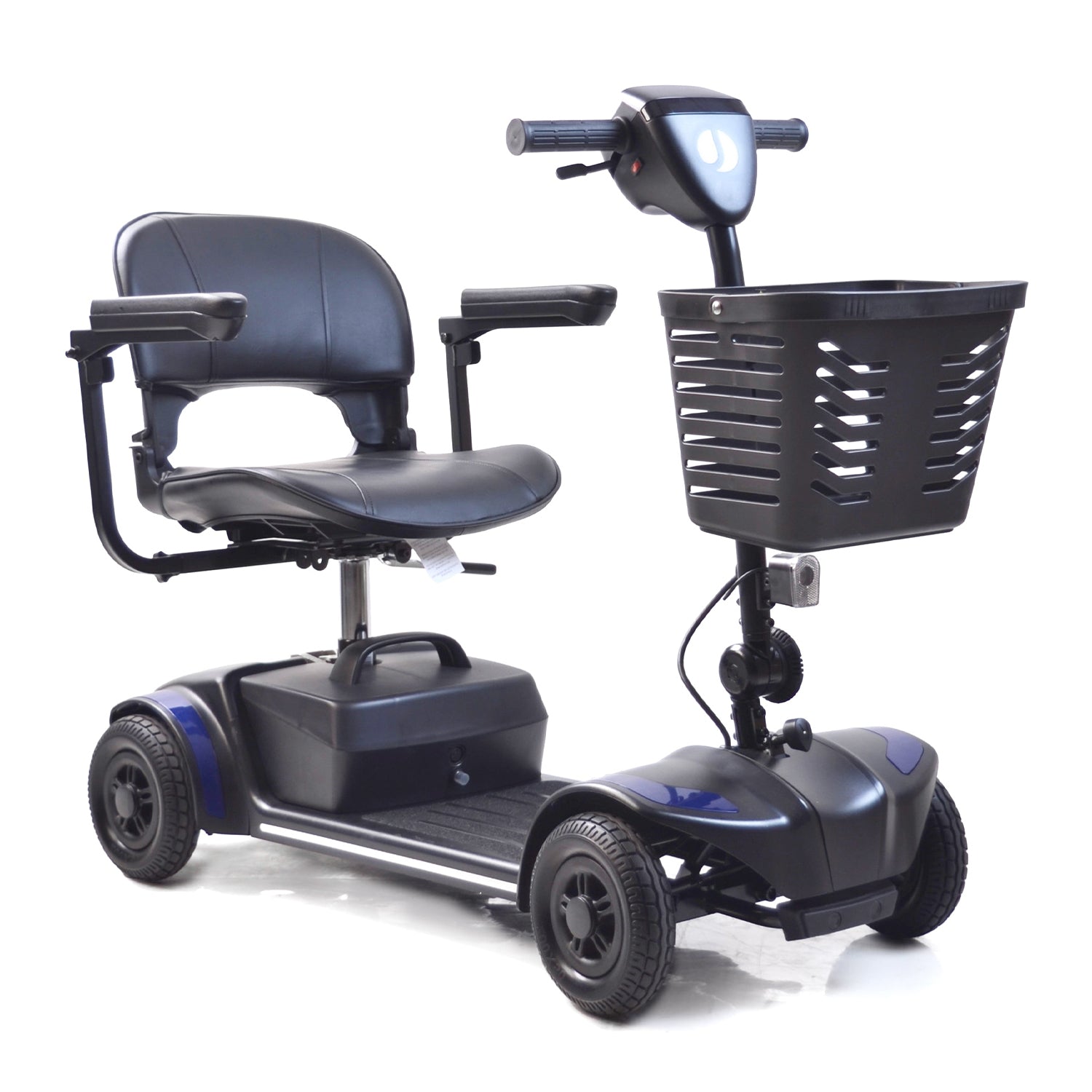 The Journey Adventure Scooter is a four-wheeled mobility scooter for seniors, featuring a black cushioned seat, armrests, handlebar controls, and a front basket to assist those with limited mobility.