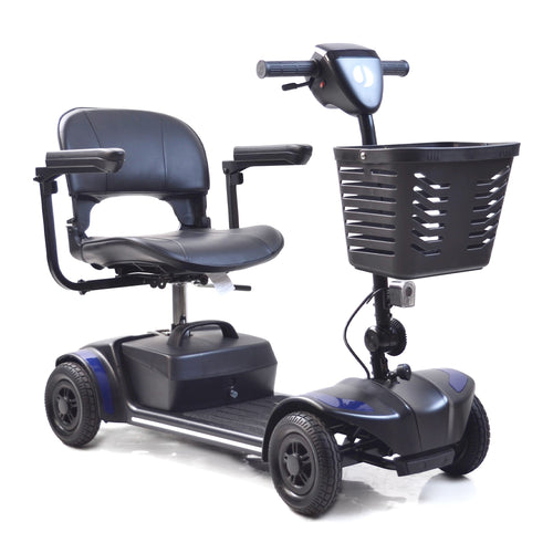 The Journey Adventure Scooter is a black and blue four-wheeled mobility scooter featuring a padded seat, armrests, and a front basket. It offers effortless portability and user-friendly controls for easy travel.