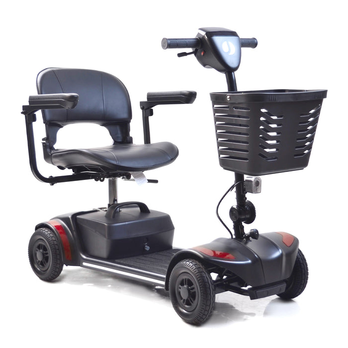 The Journey Adventure Scooter is a black, four-wheeled mobility scooter with a padded seat, armrests, handlebars, and a front basket, designed to help individuals with limited mobility—perfect for seniors seeking independence.