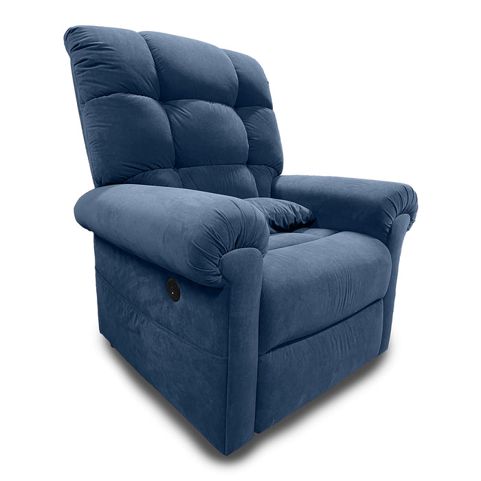 The Perfect Sleep Chair & Lift Chair is a plush blue zero gravity recliner with thick cushioned armrests and backrest, upholstered in soft fabric, pictured against a plain white background.