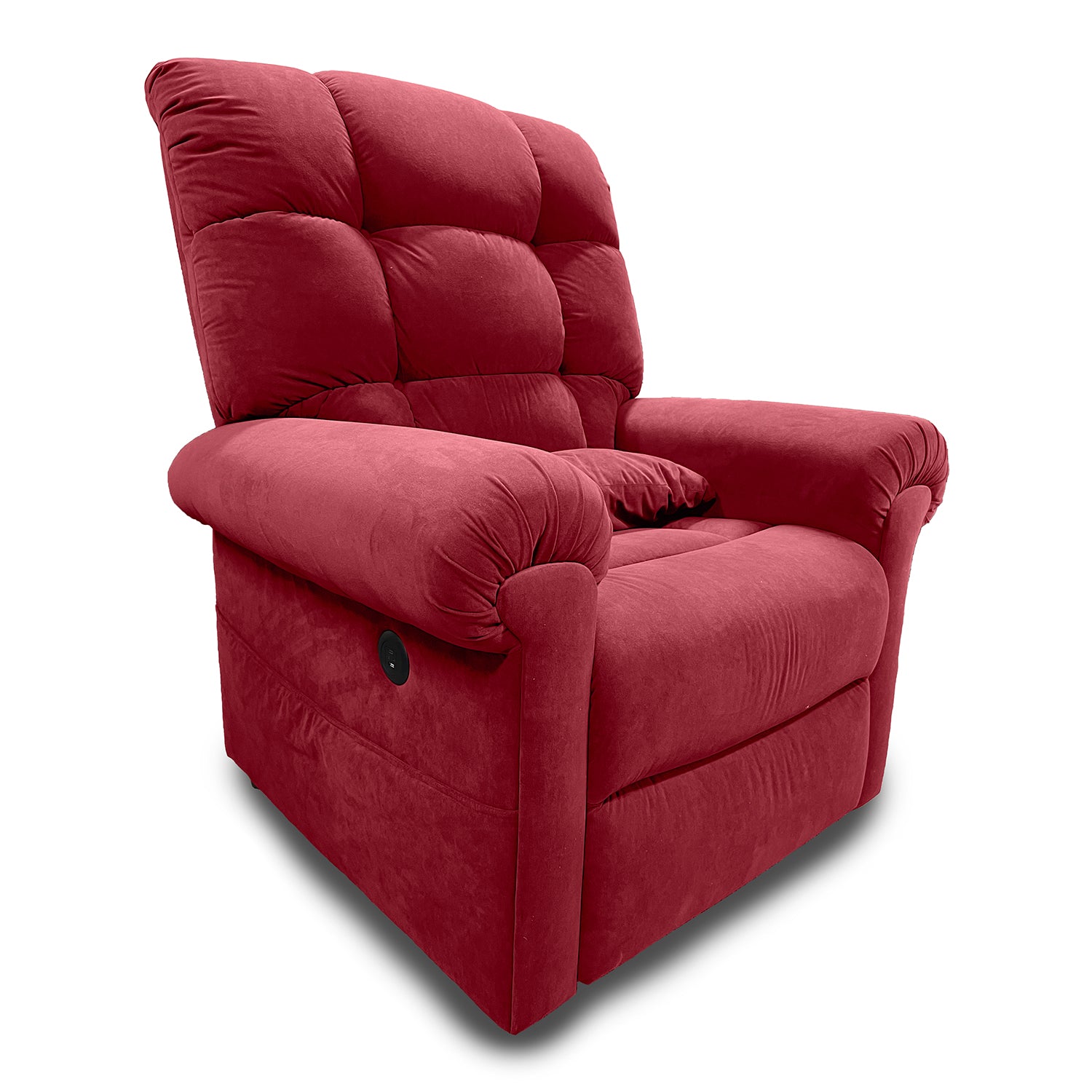 The Perfect Sleep Chair & Lift Chair is a plush red power recliner with a tufted backrest and cushioned armrests, shown against a plain white background.
