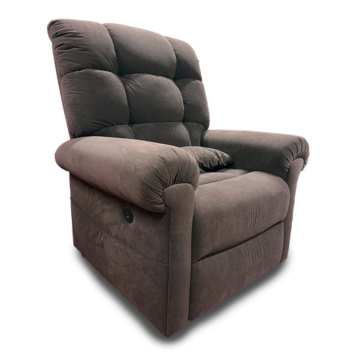 The Perfect Sleep Chair & Lift Chair is a plush, dark brown recliner with padded armrests, a cushioned backrest, and soft fabric. It offers therapeutic heat and massage features and is shown against a white background.
