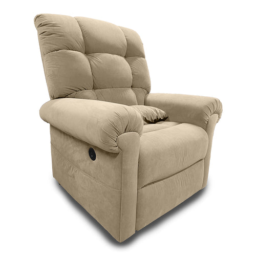 The Perfect Sleep Chair & Lift Chair, upholstered in plush beige fabric with thick padded cushions and armrests, is shown against a plain white background.