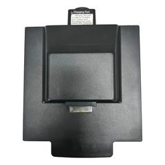 Black charging dock with a central compartment and Journey So Lite Scooter Replacement 10Ah Lithium Battery charging port label on top, photographed against a white background.