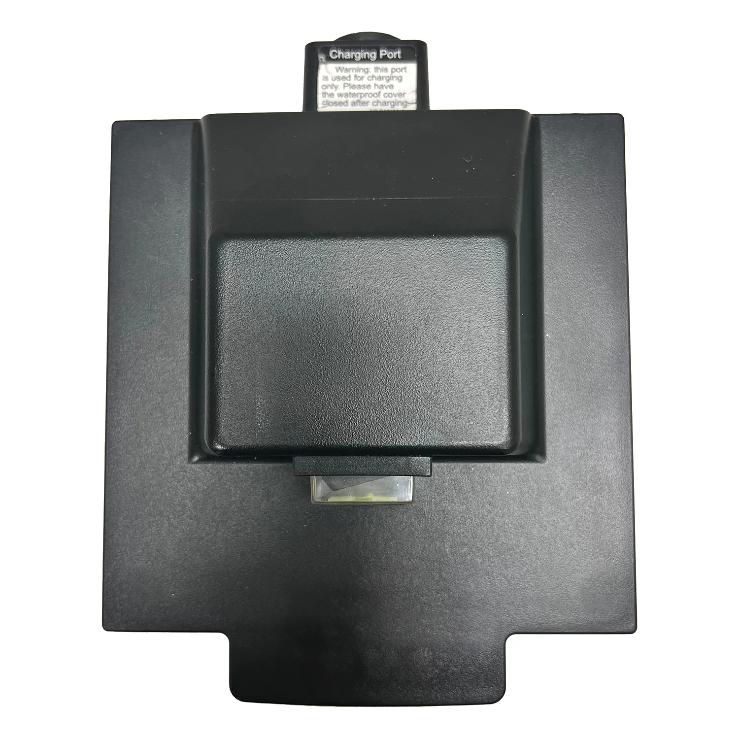 Black charging dock with a central compartment and Journey So Lite Scooter Replacement 10Ah Lithium Battery charging port label on top, photographed against a white background.