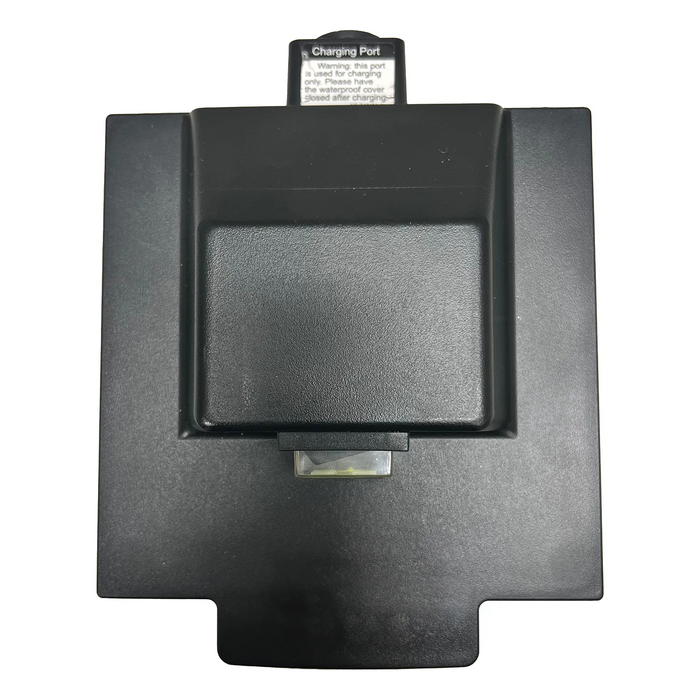 Black charging dock with a central compartment and Journey So Lite Scooter Replacement 10Ah Lithium Battery charging port label on top, photographed against a white background.