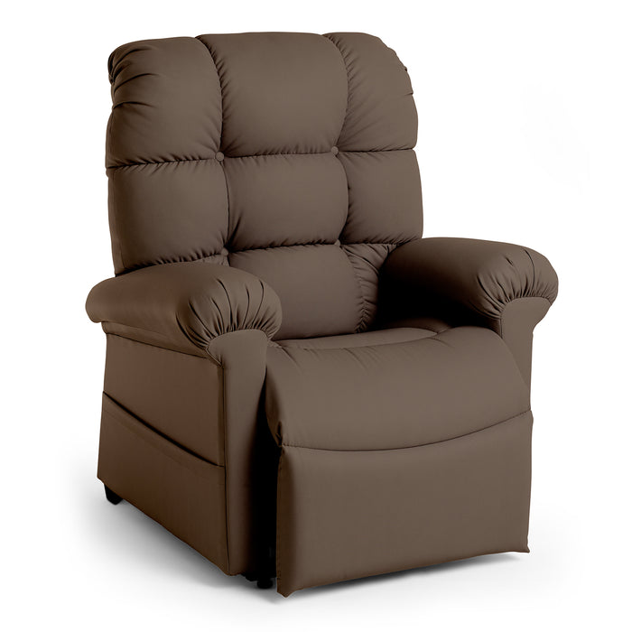The Perfect Sleep Chair & Lift Chair is a plush brown power recliner with padded armrests, tufted backrest, cushioned seat, and therapeutic heat and massage functions, shown on a white background.