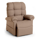The Perfect Sleep Chair & Lift Chair in plush tan features padded armrests, a tufted backrest, and an extended footrest with therapeutic heat and massage, shown against a plain white background.
