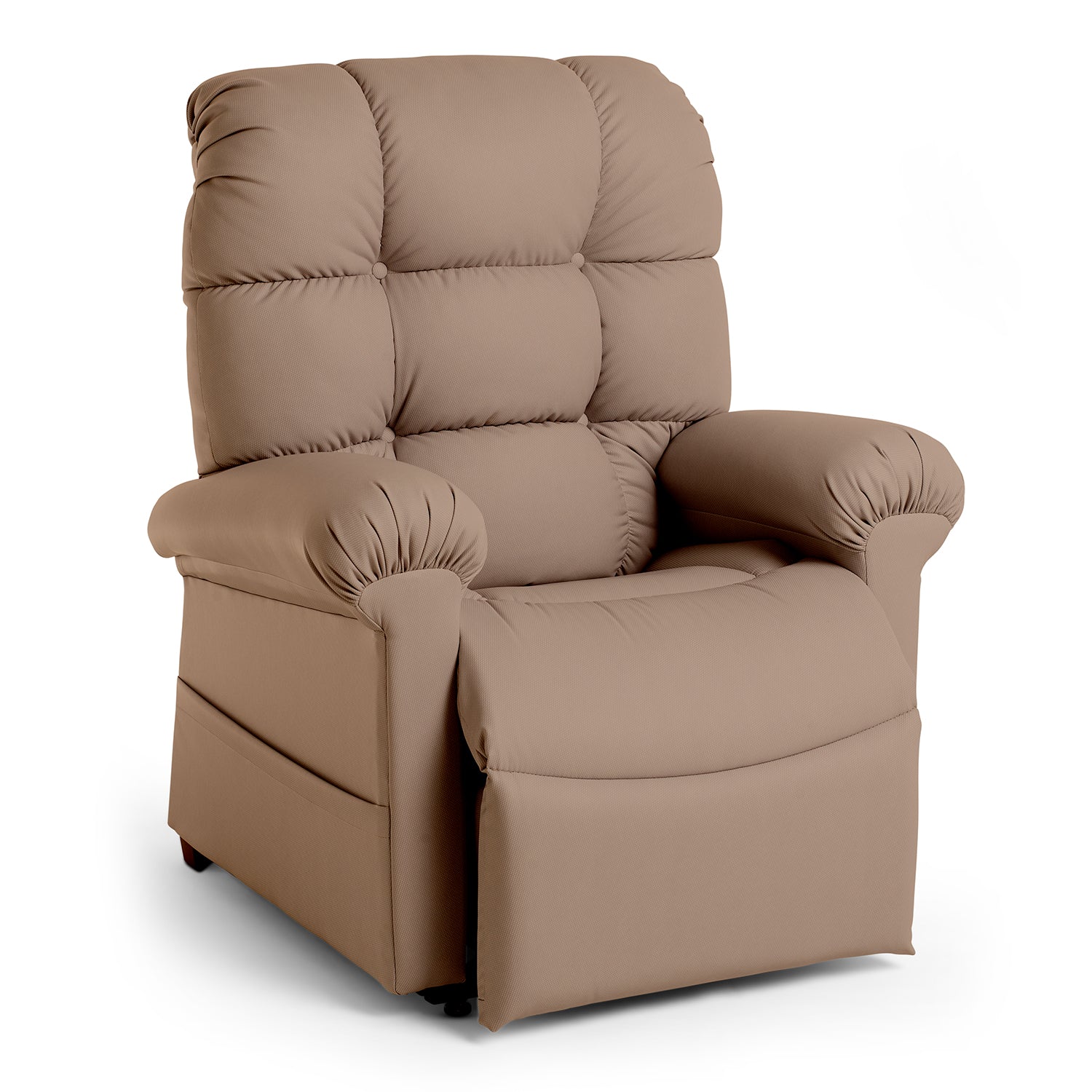 The Perfect Sleep Chair & Lift Chair is a plush, light brown power lift chair with tufted cushioning, featuring therapeutic heat and massage, shown against a plain white background.