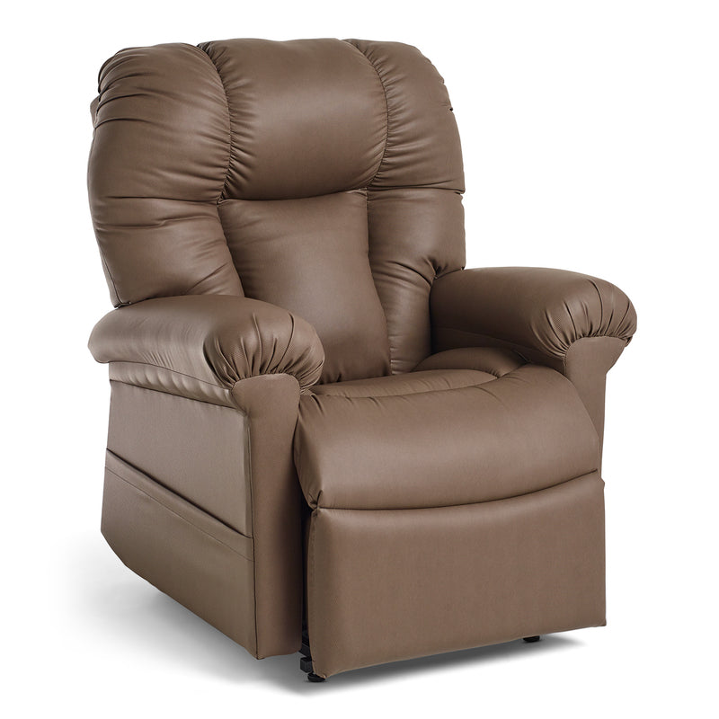 The Perfect Sleep Chair & Lift Chair, shown here in brown, features padded armrests, a cushioned backrest, footrest, and offers therapeutic heat and massage for enhanced comfort. Shown against a plain white background.