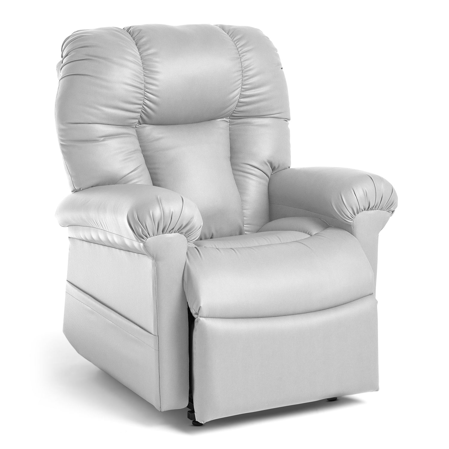 Plush light gray Perfect Sleep Chair & Lift Chair with padded armrests, cushioned seat, tufted backrest, therapeutic heat, and massage features, shown isolated on a white background.