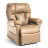 The Perfect Sleep Chair & Lift Chair is a plush, tan power lift recliner with thick padded armrests and backrest, upholstered in leather or faux leather—ideal for comfort lovers. Shown against a plain white background.