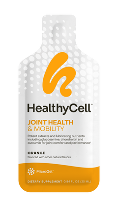 A white and orange pouch labeled HealthyCell Joint Health & Mobility – 30 Gel Packs highlights joint benefits with glucosamine, chondroitin, MicroGel logo, Orange flavor, and contains 0.84 fl oz (25 ml) dietary supplement per pack.