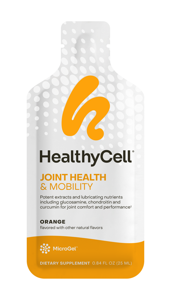 Joint Health & Mobility MicroGel supplement, 0.84 fl oz (25 mL), orange flavor—an easy-to-take alternative to pills, in an orange and white pack labeled with product details and ingredients.