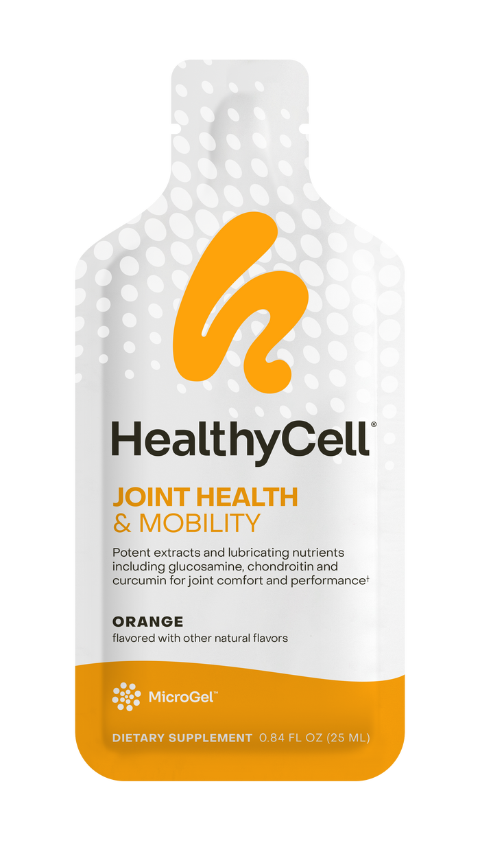 A white and orange pouch labeled HealthyCell Joint Health & Mobility – 30 Gel Packs highlights joint benefits with glucosamine, chondroitin, MicroGel logo, Orange flavor, and contains 0.84 fl oz (25 ml) dietary supplement per pack.