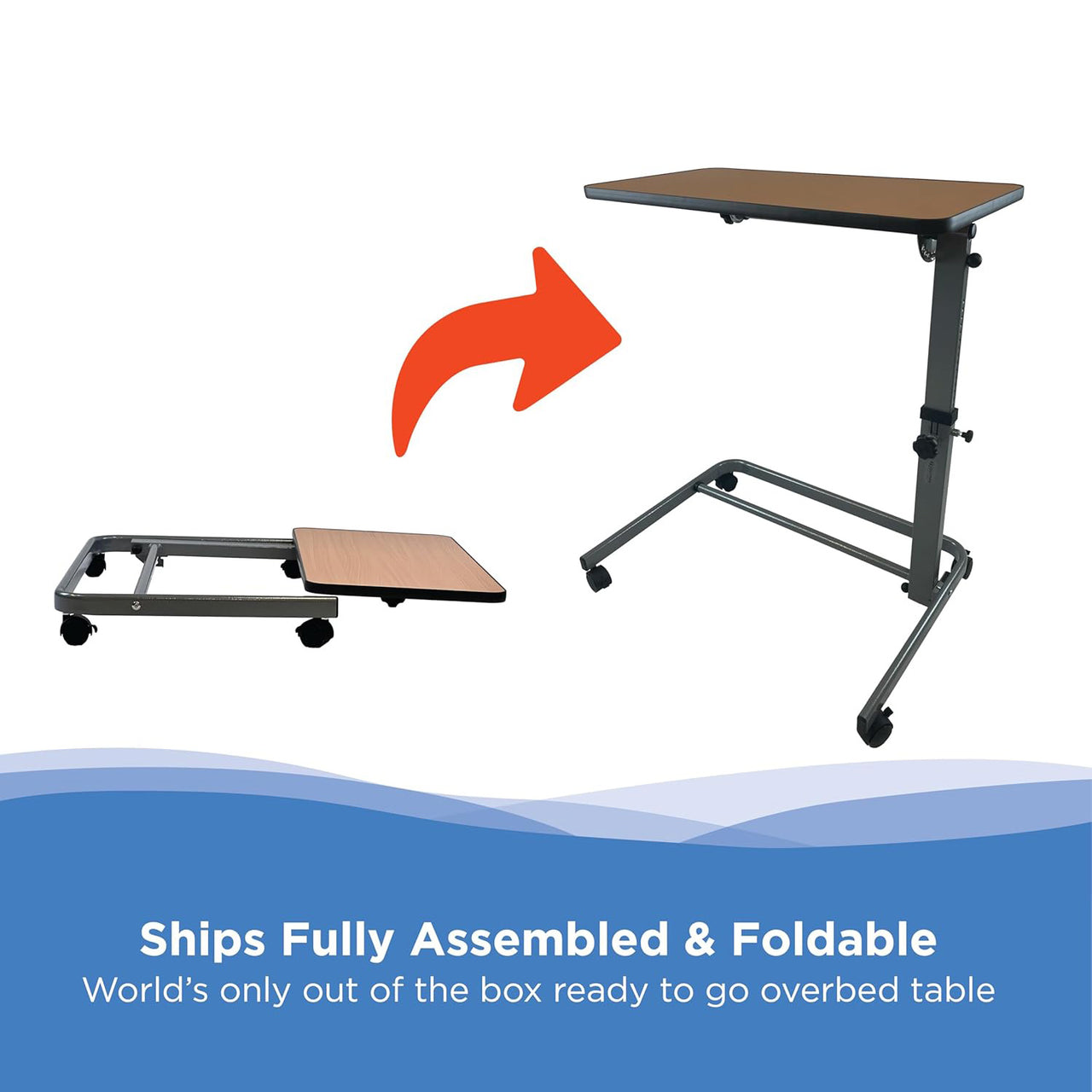The Journey Foldable Overbed Table is shown folded flat and fully assembled upright, with a red arrow showing the transformation. Ships fully assembled & folds easily—the world’s only out-of-the-box, ready-to-use overbed table.