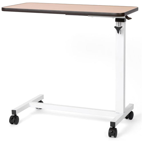 The Journey Overbed Table – Adjustable & Portable Design features a rectangular wood surface with an easy-to-clean tabletop, supported by a sturdy white metal frame and four black wheels for smooth mobility. Designed as a rolling bedside table, it is ideal for use beside a bed or chair.