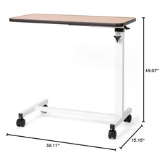 The Journey™ Overbed Table features a brown rectangular top, white metal frame, and four caster wheels. Adjustable and portable, it measures 30.11”W x 15.15”D x 45.07”H—ideal as a rolling overbed or bedside table for home recovery.