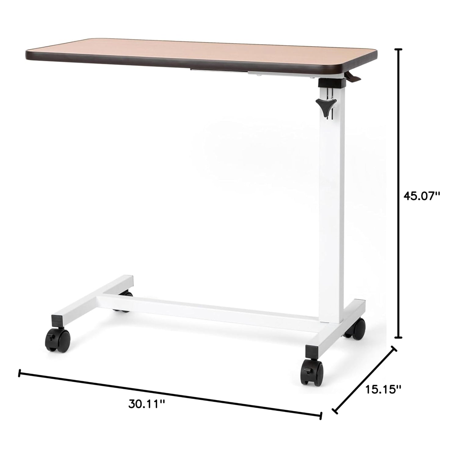 The Journey™ Overbed Table features a brown rectangular top, white metal frame, and four caster wheels. Adjustable and portable, it measures 30.11”W x 15.15”D x 45.07”H—ideal as a rolling overbed or bedside table for home recovery.