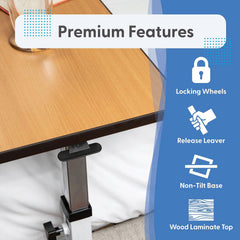The Journey Overbed Table – Adjustable & Portable Design is shown beside a bed, featuring a wooden tabletop with a sturdy metal adjustable base. Premium features—locking wheels, easy-release lever, stable non-tilt base, and an easy-clean surface—are highlighted with icons on a blue background. This makes it the perfect rolling bedside table solution.