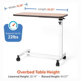 The Journey Adjustable Height Overbed Table features a brown top, white metal frame, and swivel casters for easy mobility. It measures 15.38W x 26.25L, adjusts from 28.74 to 44.07H, and supports up to 22 lbs.