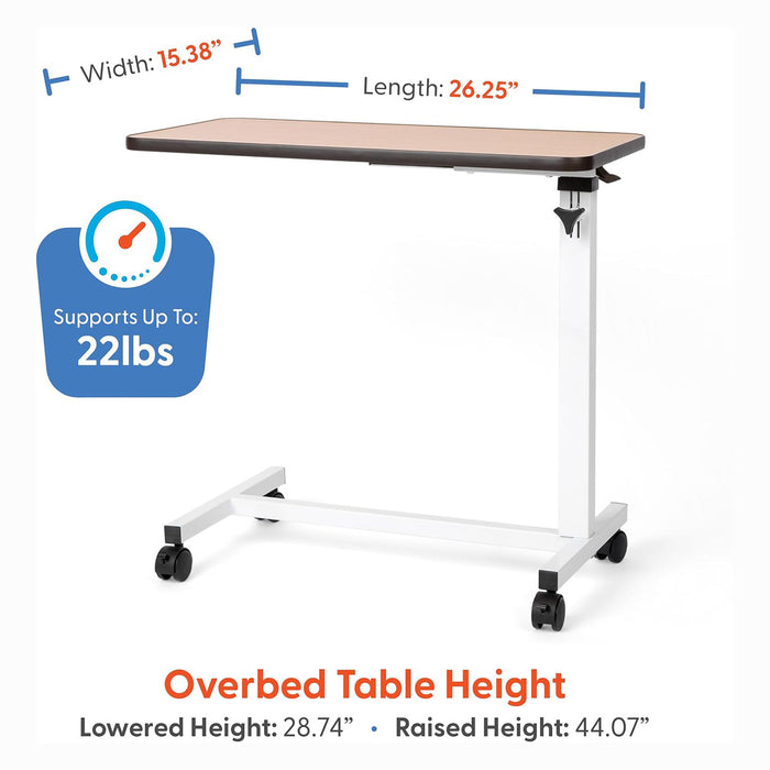 The Journey Adjustable Height Overbed Table features a brown top, white metal frame, and swivel casters for easy mobility. It measures 15.38W x 26.25L, adjusts from 28.74 to 44.07H, and supports up to 22 lbs.