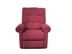 The Perfect Sleep Chair & Lift Chair features a plush, deep red design with cushioned armrests and a high, tufted backrest, all showcased against a plain white background.