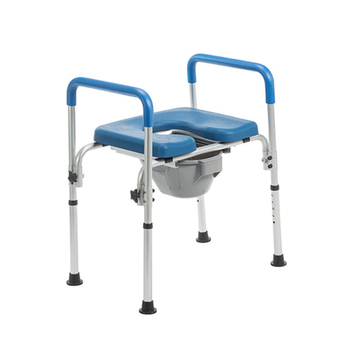The Journey SoftSecure Perfect Raised Toilet Seat is a portable 3-in-1 chair with blue armrests, a blue seat, silver metal legs, and a removable gray bucket for use as a bedside commode or shower chair to enhance accessibility and mobility.