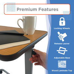 An adjustable desk with a wood laminate top and black frame, featuring a hand turning a lock wheel under the edge. A white mug and notebook sit on the desk.