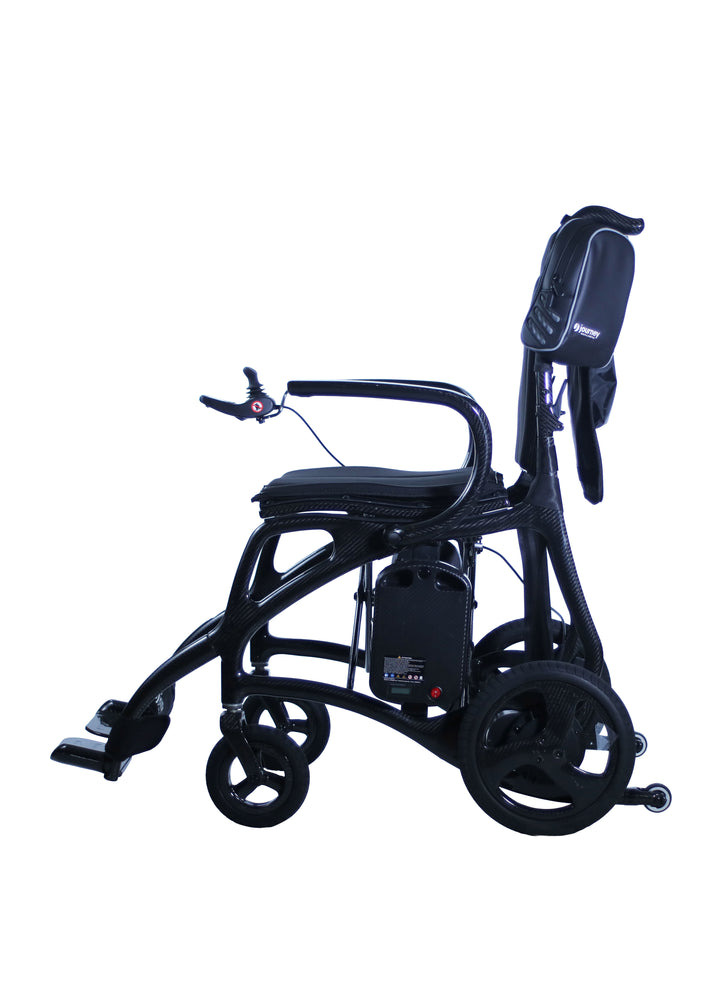 The Journey Air Elite Max is a modern, lightweight foldable electric wheelchair with a black frame, padded seat and backrest, and an attached storage bag, displayed from the side on a white background.