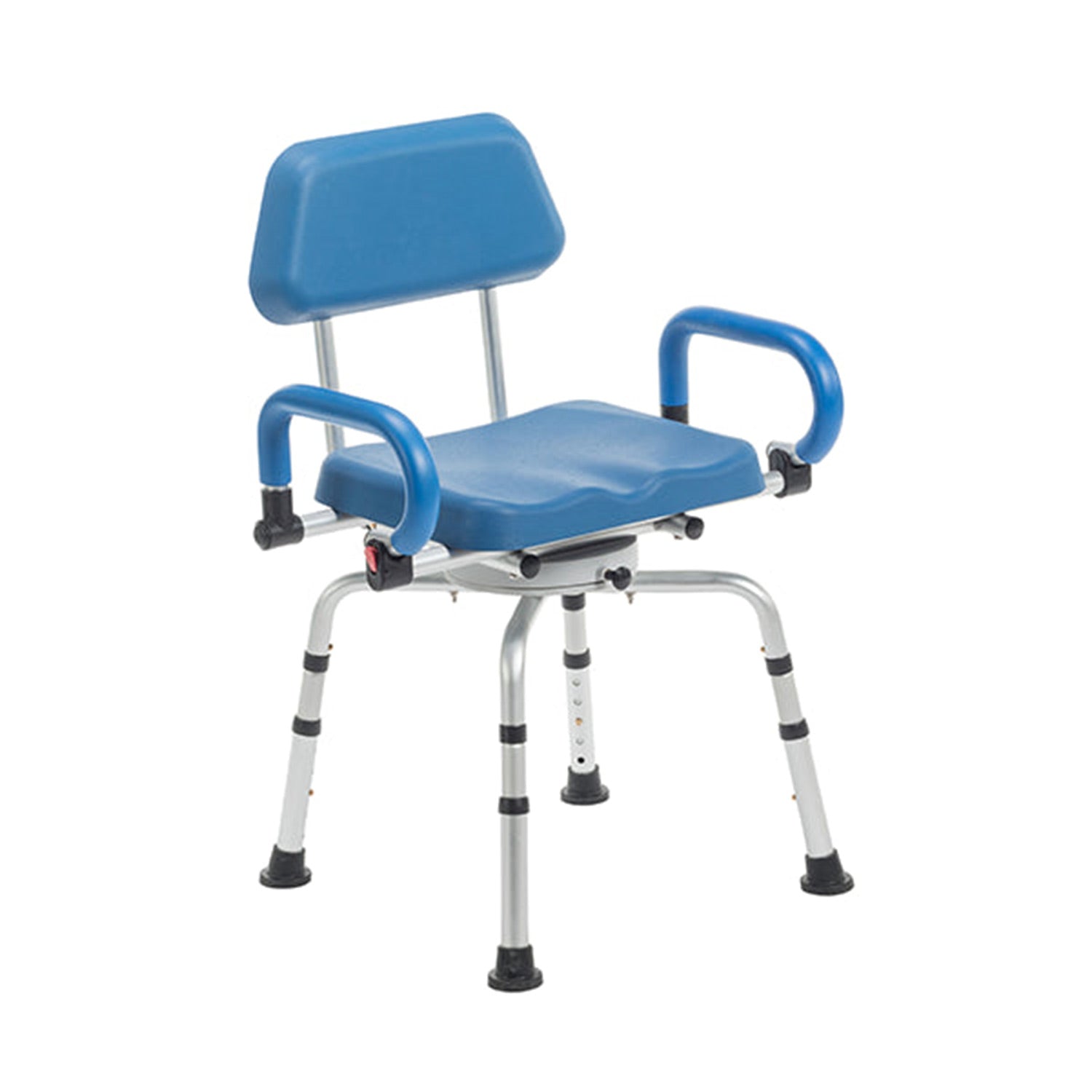 The Journey SoftSecure Rotating Shower Chair with Microban Protection is a blue chair for seniors, featuring a backrest, armrests, height-adjustable metal legs, and antimicrobial protection for stable, hygienic bathing.