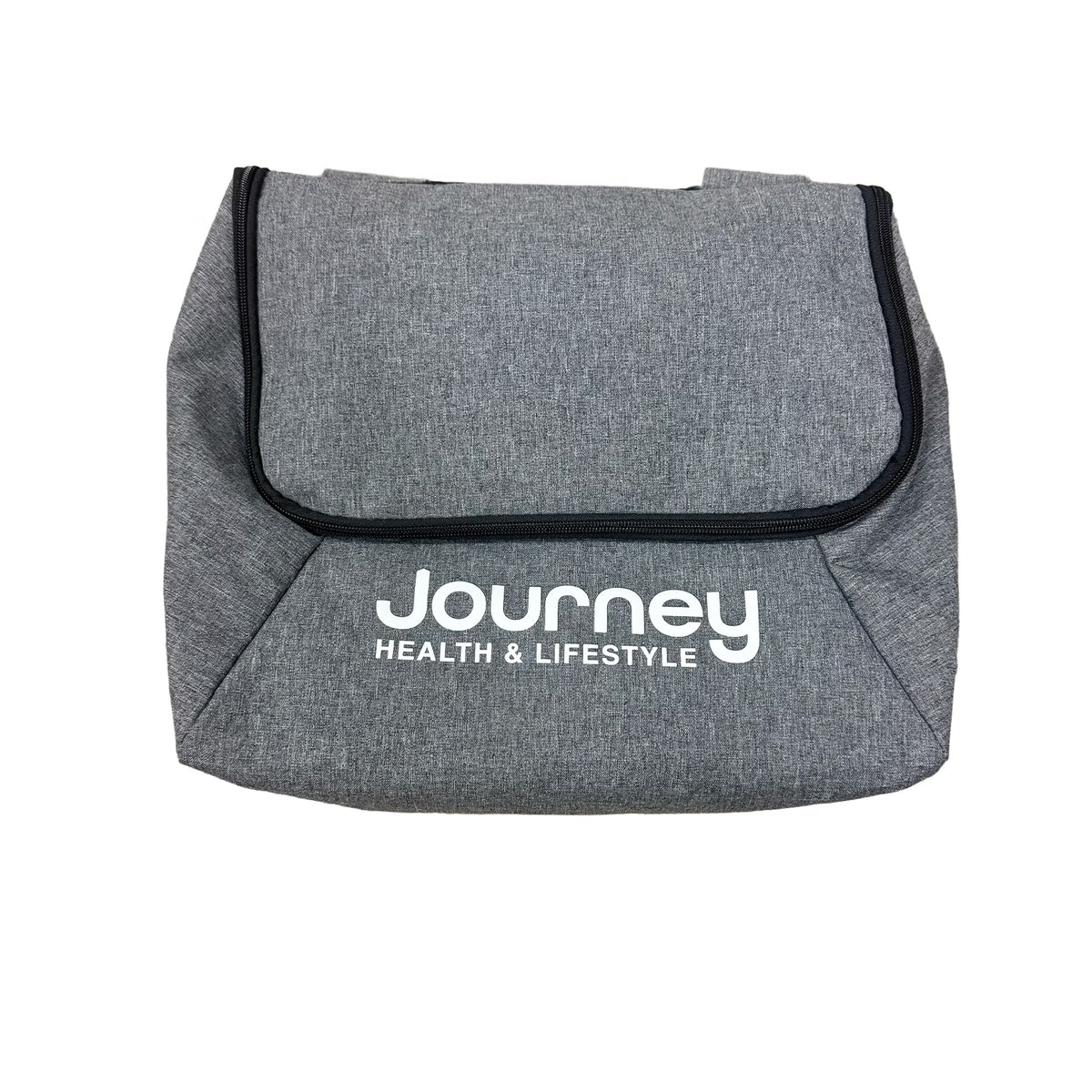 Introducing the Journey So Lite Power Scooter Front Bag Replacement: a gray insulated lunch bag with a black zipper and “Journey Health & Lifestyle” printed in white on the front. This versatile accessory doubles as a convenient mobility scooter bag, serving perfectly as a So Lite Scooter Front Bag or replacement.