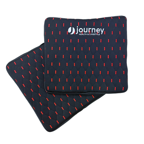 Certainly! Here’s a rewritten version using your product data: Upgrade your mobility experience with the Journey Air Elite Power Chair Replacement Seat Cushion—a set of two black seat cushions highlighted by red stitching and a stylish quilted pattern. The top cushion features the journey HEALTH & LIFESTYLE logo in crisp white. Ideal as an OEM replacement or as an upgrade for your Journey Air Elite Power Chair, these cushions deliver a perfect blend of comfort and modern style for all your mobility needs.