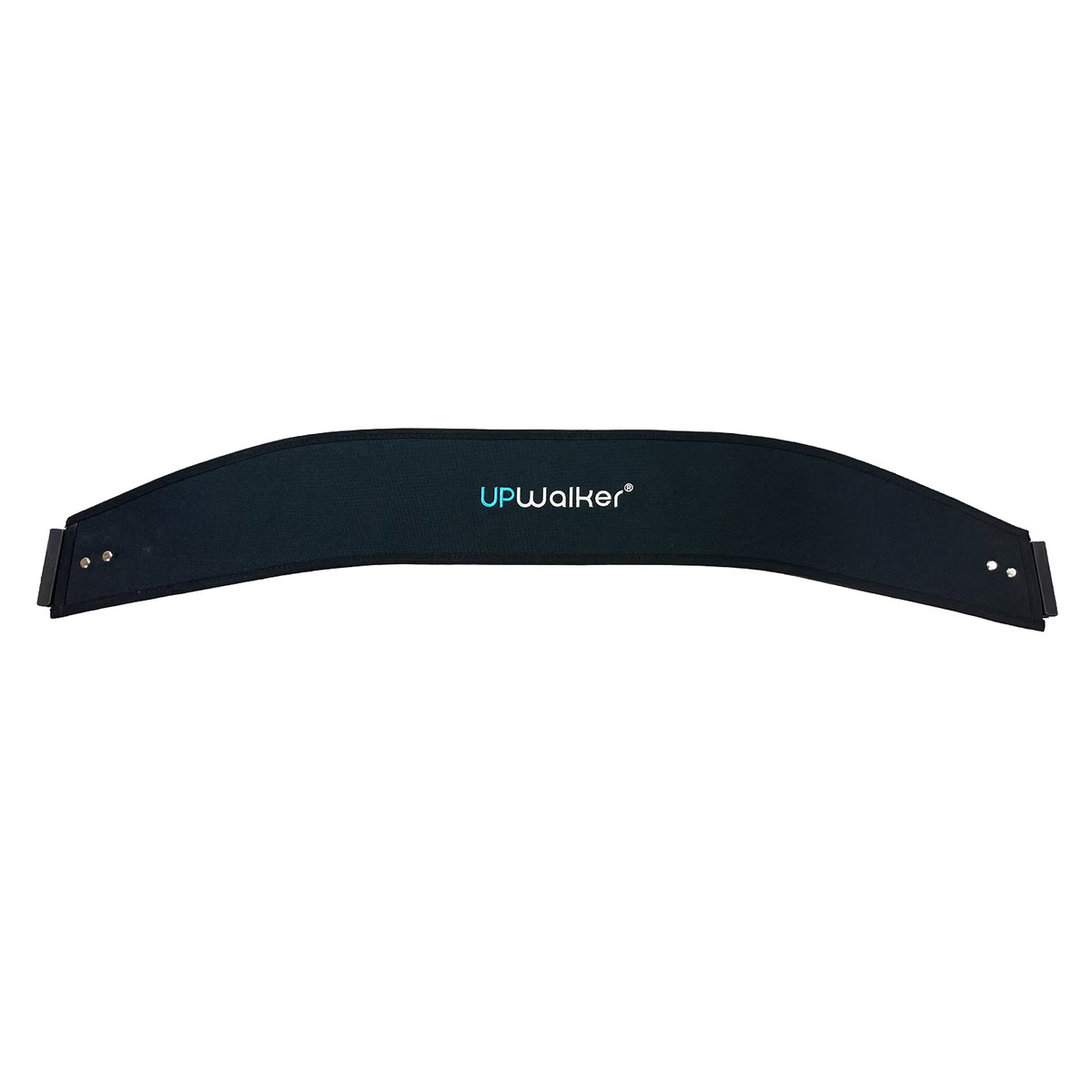 A curved black UPWalker Backrest  band with white and blue logo branding, displayed horizontally on a solid white background.