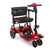The Journey So Lite Folding Power Scooter is a red and black lightweight mobility scooter with a padded seat, backrest, handlebars, foot platform, and three front wheels. Designed for easy transport and accessibility.
