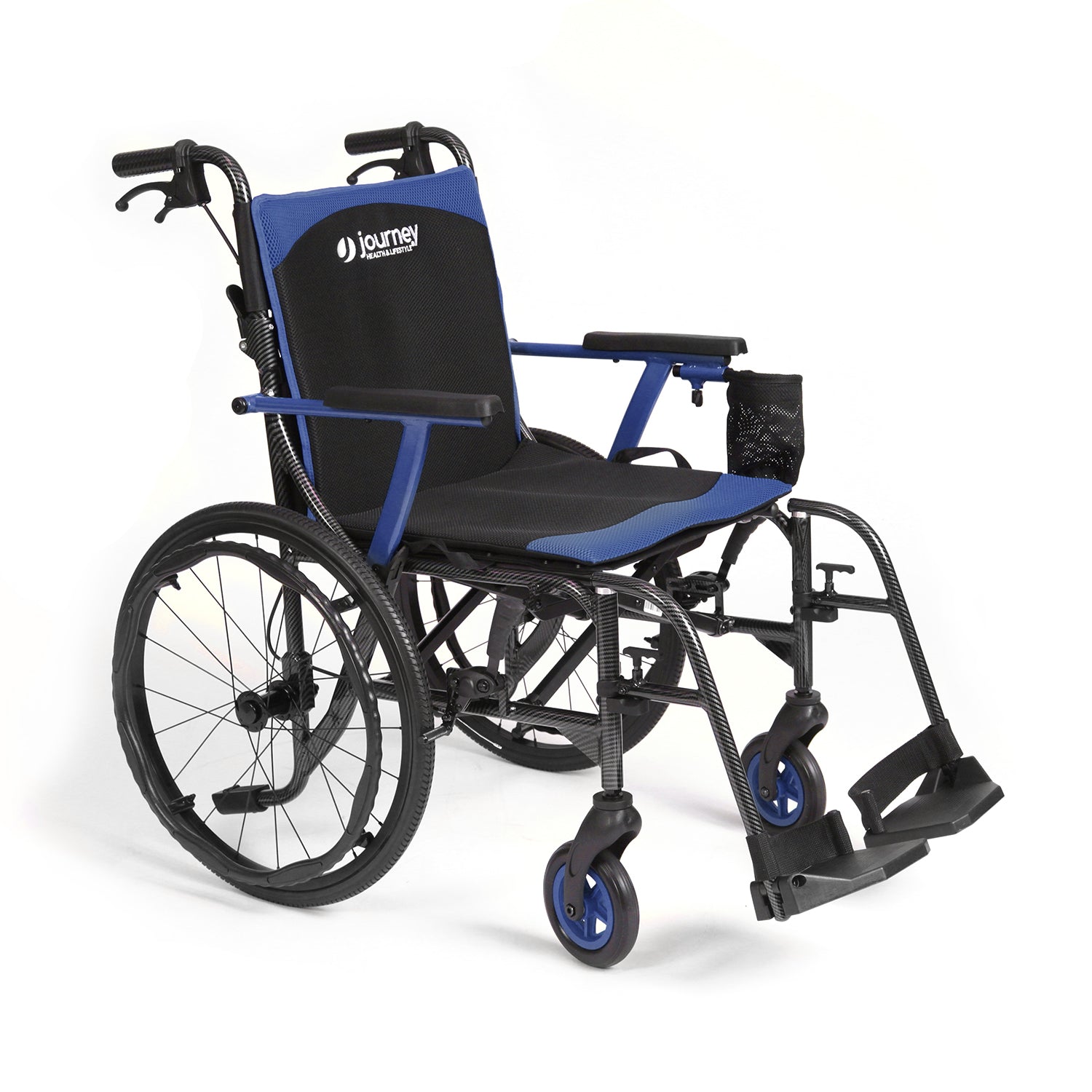 The Journey So Lite® C2 Ultra Lightweight Wheelchair features a foldable design, black and blue seat, large rear wheels, smaller front wheels, armrests, footrests, and a right-side black pouch for convenient portability.