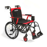 The Journey So Lite® C2 Ultra Lightweight Wheelchair has an ultra-light magnesium frame, black and red padding, large rear wheels, armrests, footrests, and a right side pocket for effortless mobility.